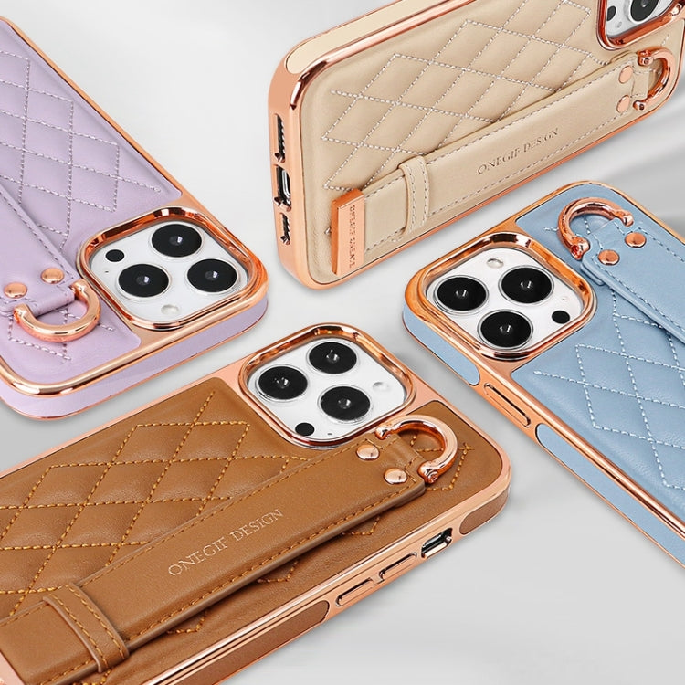 For iPhone 15 Plus VIETAO Rhombic Texture Wristband PU Phone Case(Pink) by VIETAO