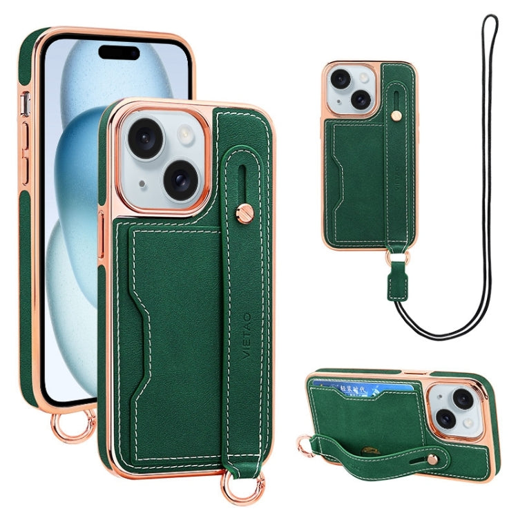 For iPhone 15 Plus VIETAO Card Slot Wristband Phone Case with Lanyard(Green) by VIETAO