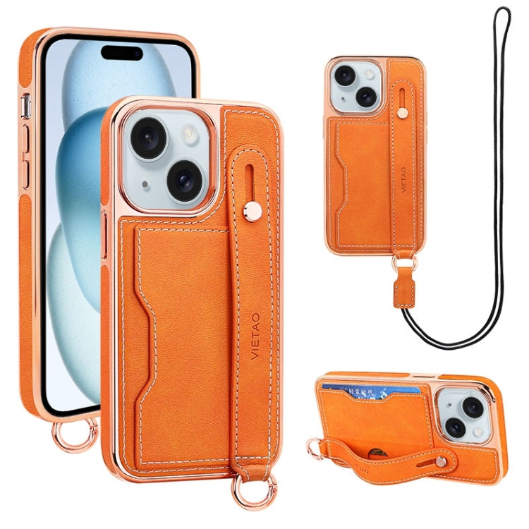 For iPhone 15 VIETAO Card Slot Wristband Phone Case with Lanyard(Orange) by VIETAO