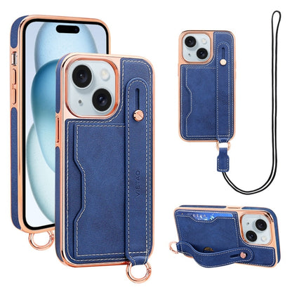 For iPhone 15 VIETAO Card Slot Wristband Phone Case with Lanyard(Blue) by VIETAO