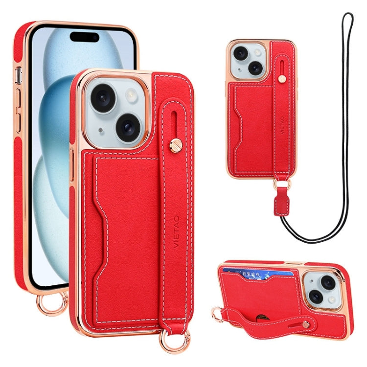 For iPhone 15 VIETAO Card Slot Wristband Phone Case with Lanyard(Red) by VIETAO