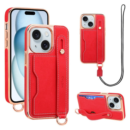 For iPhone 15 VIETAO Card Slot Wristband Phone Case with Lanyard(Red) by VIETAO