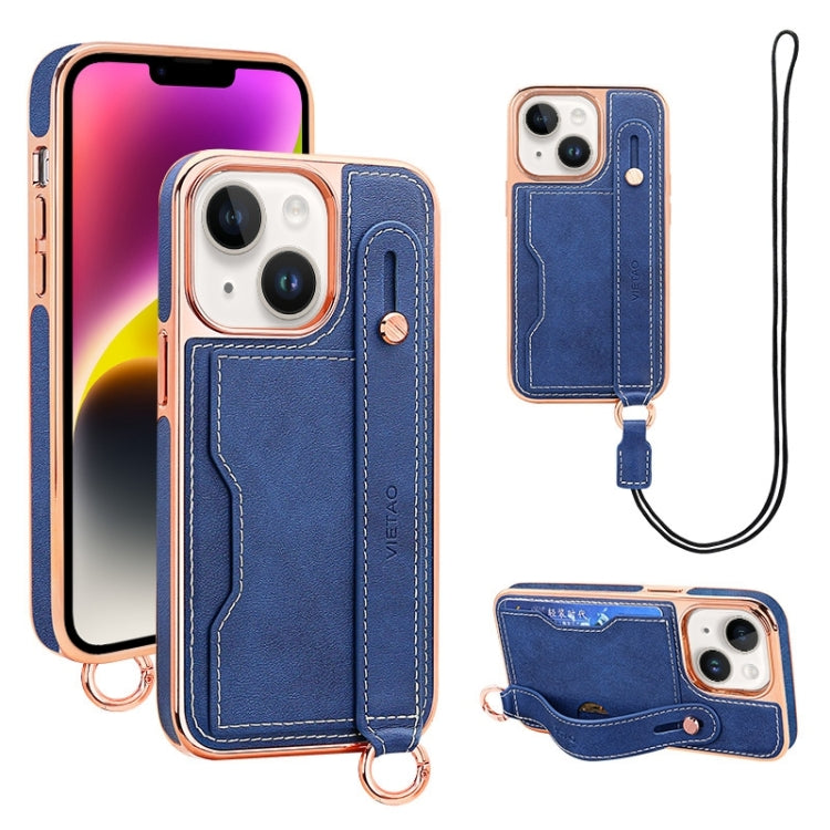 For iPhone 14 VIETAO Card Slot Wristband Phone Case with Lanyard(Blue) by VIETAO