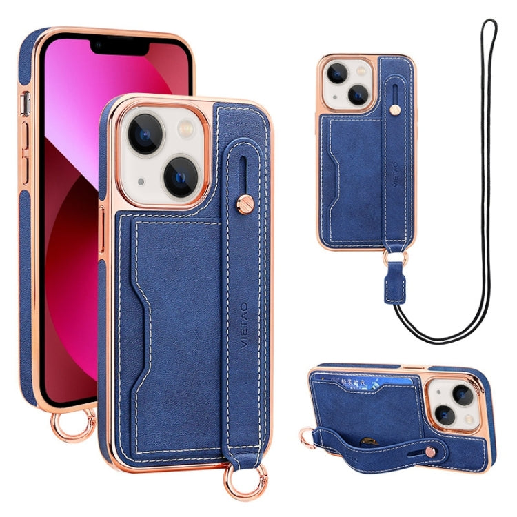 For iPhone 13 VIETAO Card Slot Wristband Phone Case with Lanyard(Blue) by VIETAO