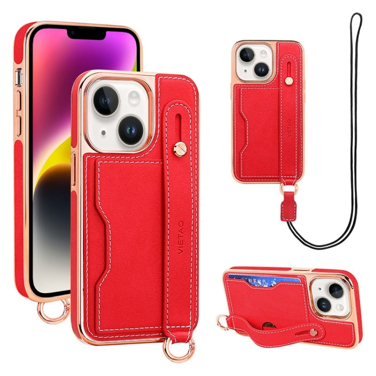 For iPhone 14 Plus VIETAO Card Slot Wristband Phone Case with Lanyard(Red) by VIETAO
