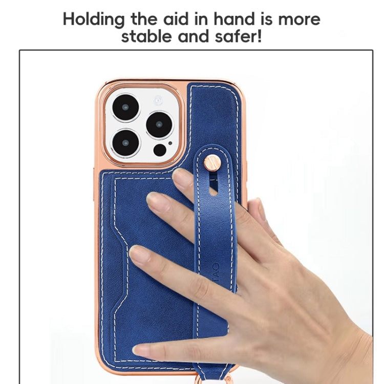 For iPhone 14 VIETAO Card Slot Wristband Phone Case with Lanyard(Blue) by VIETAO