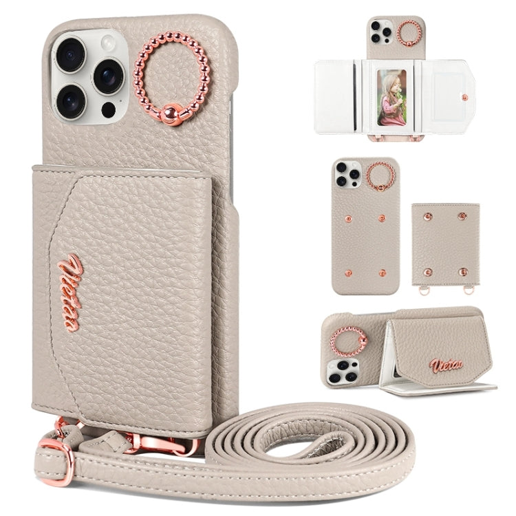For iPhone 15 Pro Max VIETAO Ring Holder Card Bag Phone Case with Lanyard(Grey) by VIETAO