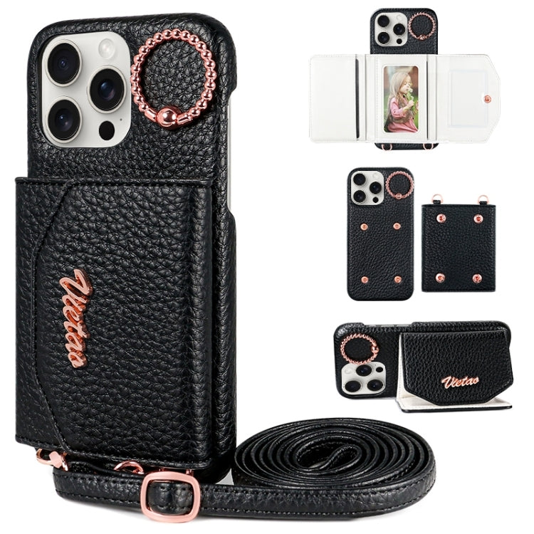 For iPhone 15 Pro Max VIETAO Ring Holder Card Bag Phone Case with Lanyard(Black) by VIETAO