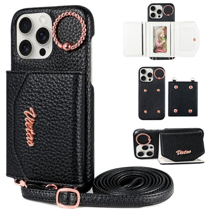 For iPhone 15 Pro Max VIETAO Ring Holder Card Bag Phone Case with Lanyard(Black) by VIETAO