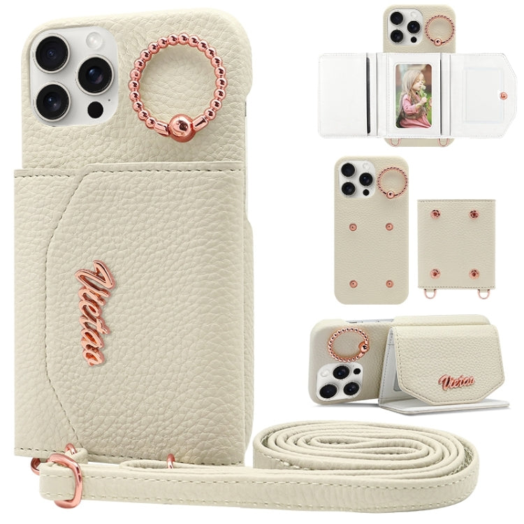 For iPhone 15 Pro Max VIETAO Ring Holder Card Bag Phone Case with Lanyard(White) by VIETAO
