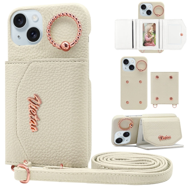 For iPhone 15 Plus VIETAO Ring Holder Card Bag Phone Case with Lanyard(White) by VIETAO