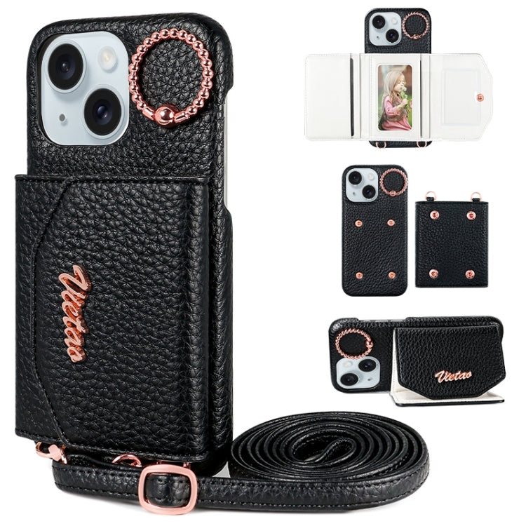 For iPhone 15 VIETAO Ring Holder Card Bag Phone Case with Lanyard(Black) by VIETAO