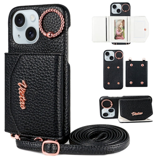 For iPhone 15 VIETAO Ring Holder Card Bag Phone Case with Lanyard(Black) by VIETAO