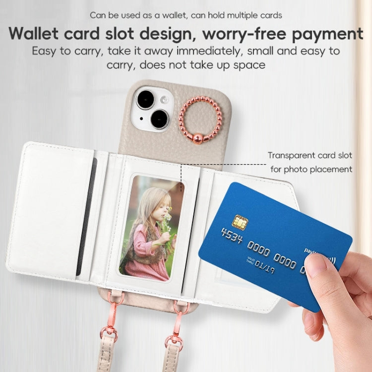 For iPhone 15 Pro VIETAO Ring Holder Card Bag Phone Case with Lanyard(White) by VIETAO