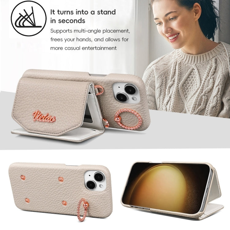 For iPhone 15 Pro VIETAO Ring Holder Card Bag Phone Case with Lanyard(White) by VIETAO