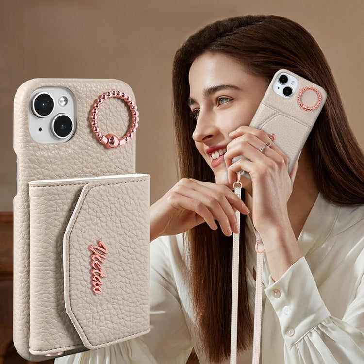 For iPhone 15 Pro VIETAO Ring Holder Card Bag Phone Case with Lanyard(White) by VIETAO