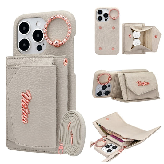 For iPhone 15 Pro Max VIETAO Ring Holder Wallet PU Phone Case with Lanyard(Grey) by VIETAO