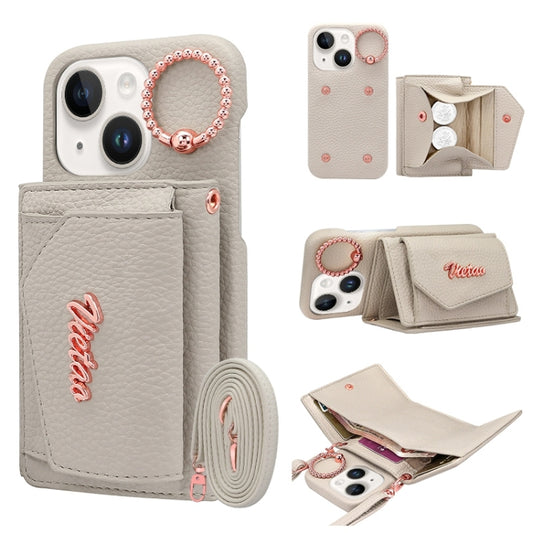 For iPhone 15 Plus VIETAO Ring Holder Wallet PU Phone Case with Lanyard(Grey) by VIETAO