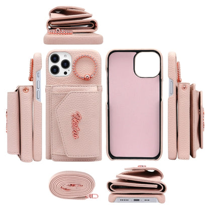 For iPhone 14 Pro Max VIETAO Ring Holder Wallet PU Phone Case with Lanyard(Pink) by VIETAO