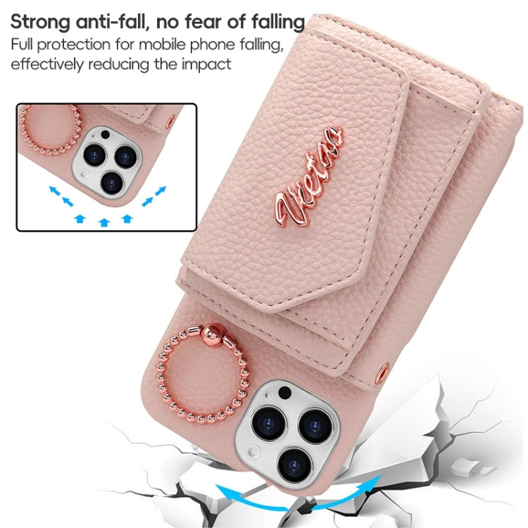 For iPhone 15 Plus VIETAO Ring Holder Wallet PU Phone Case with Lanyard(Pink) by VIETAO