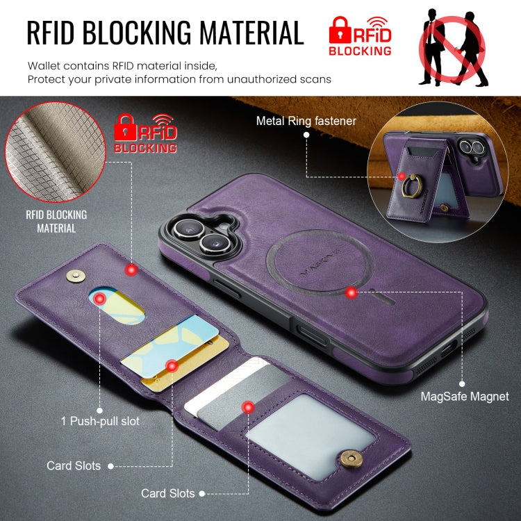 For iPhone 16 Plus MAGKING K1 MagSafe Detachable Wallet RFID Back Cover Phone Case(Purple) by MAGKING