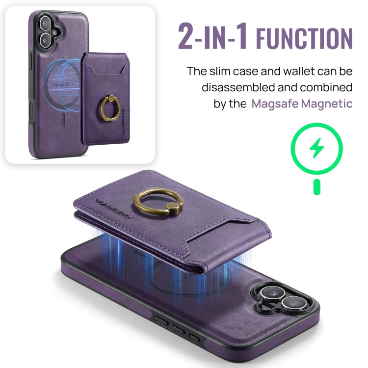 For iPhone 16 MAGKING K1 MagSafe Detachable Wallet RFID Back Cover Phone Case(Purple) by MAGKING