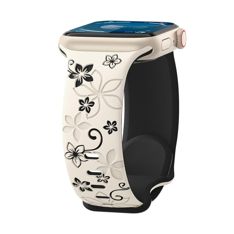 For Apple Watch Series 7 45mm Bauhinia Two-color Embossed Silicone Watch Band(Starlight Black) by bashfashion