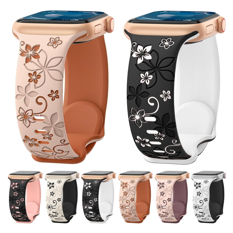For Apple Watch Series 7 45mm Bauhinia Two-color Embossed Silicone Watch Band(Starlight Black) by bashfashion