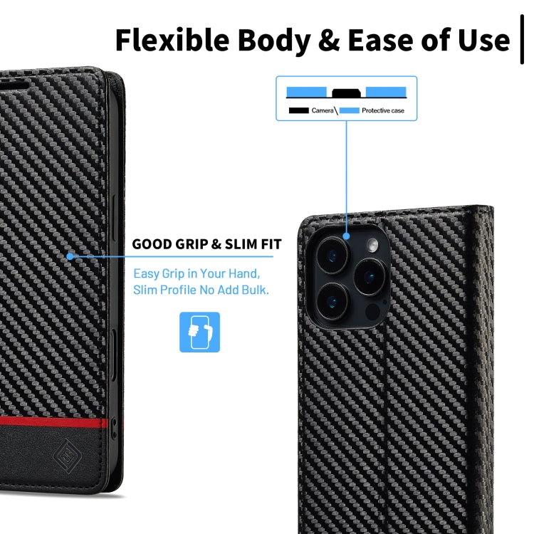 For iPhone 16 Pro LC.IMEEKE Carbon Fiber Leather Phone Case(Horizontal Black) by LC.IMEEKE