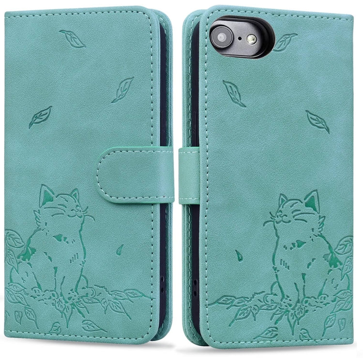 For iPhone 16e Cute Cat Embossed Leather Phone Case(Green) by bashfashion