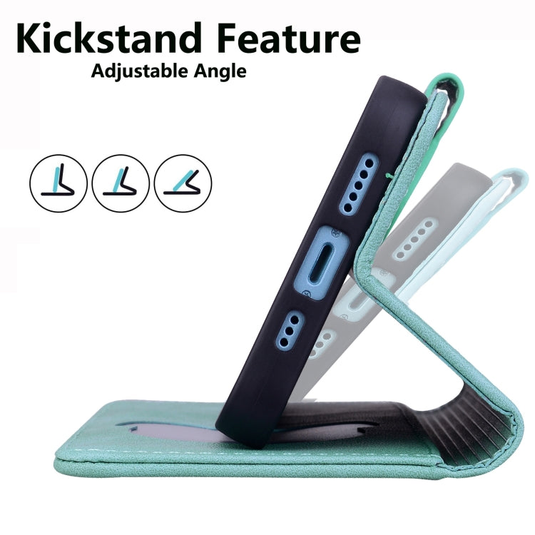 For iPhone 16e Cute Cat Embossed Leather Phone Case(Green) by bashfashion