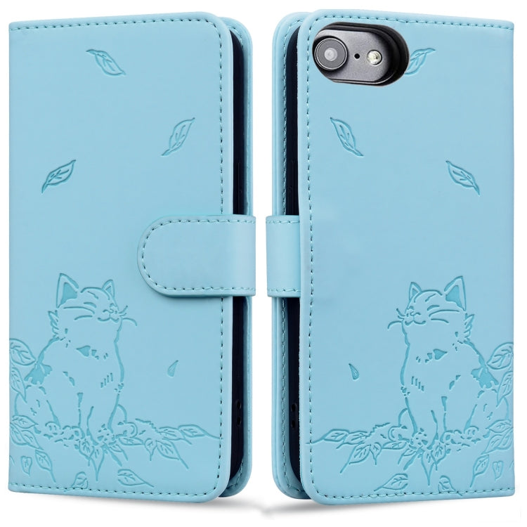 For iPhone 16e Cute Cat Embossed Leather Phone Case(Sky Blue) by bashfashion