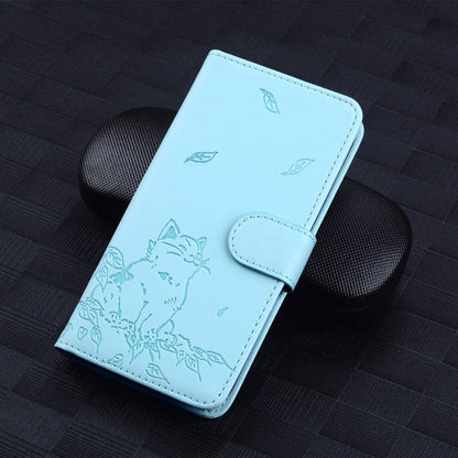 For iPhone 16e Cute Cat Embossed Leather Phone Case(Sky Blue) by bashfashion