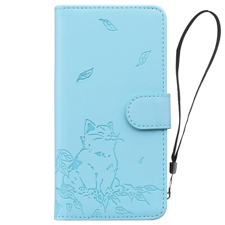 For iPhone 16e Cute Cat Embossed Leather Phone Case(Sky Blue) by bashfashion