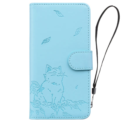 For iPhone 16e Cute Cat Embossed Leather Phone Case(Sky Blue) by bashfashion