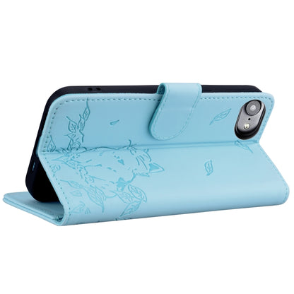 For iPhone 16e Cute Cat Embossed Leather Phone Case(Sky Blue) by bashfashion