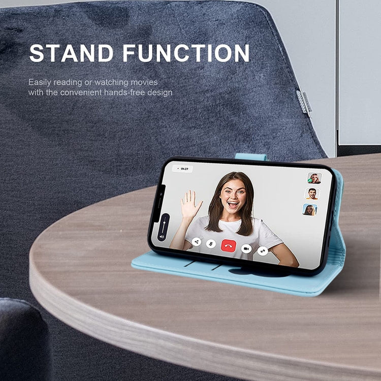 For iPhone 16e Cute Cat Embossed Leather Phone Case(Sky Blue) by bashfashion