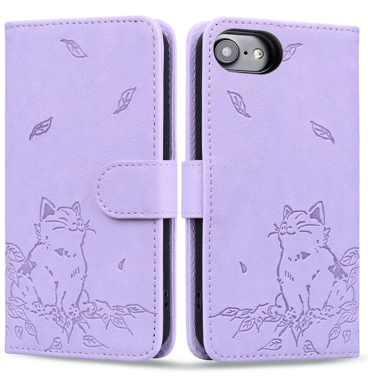 For iPhone 16e Cute Cat Embossed Leather Phone Case(Purple) by bashfashion