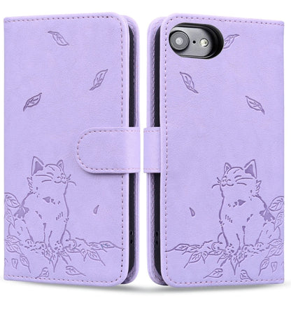 For iPhone 16e Cute Cat Embossed Leather Phone Case(Purple) by bashfashion