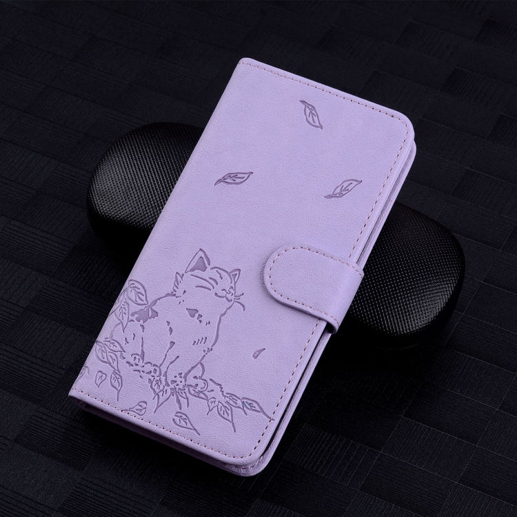 For iPhone 16e Cute Cat Embossed Leather Phone Case(Purple) by bashfashion
