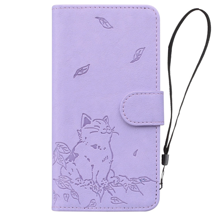 For iPhone 16e Cute Cat Embossed Leather Phone Case(Purple) by bashfashion