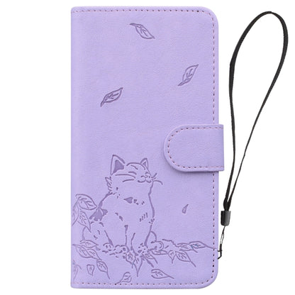 For iPhone 16e Cute Cat Embossed Leather Phone Case(Purple) by bashfashion