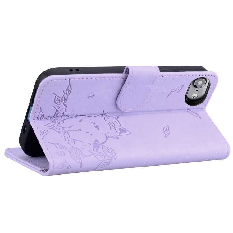 For iPhone 16e Cute Cat Embossed Leather Phone Case(Purple) by bashfashion