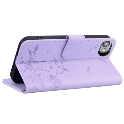 For iPhone 16e Cute Cat Embossed Leather Phone Case(Purple) by bashfashion