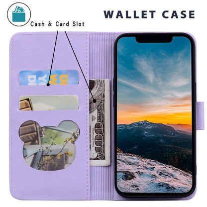 For iPhone 16e Cute Cat Embossed Leather Phone Case(Purple) by bashfashion