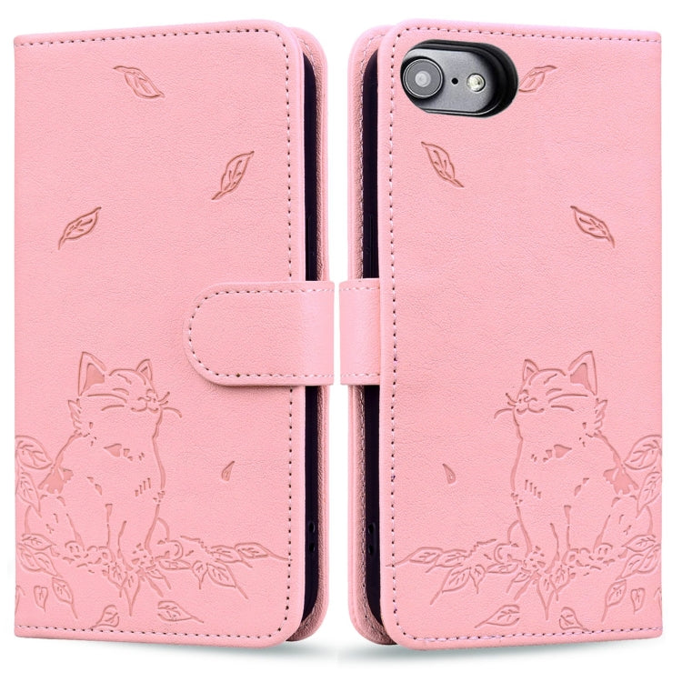 For iPhone 16e Cute Cat Embossed Leather Phone Case(Pink) by bashfashion