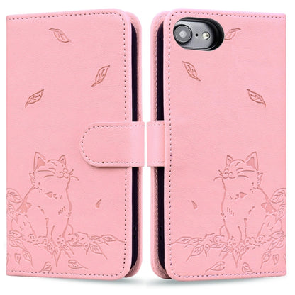 For iPhone 16e Cute Cat Embossed Leather Phone Case(Pink) by bashfashion