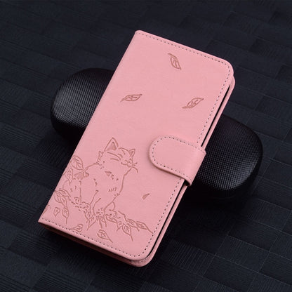 For iPhone 16e Cute Cat Embossed Leather Phone Case(Pink) by bashfashion