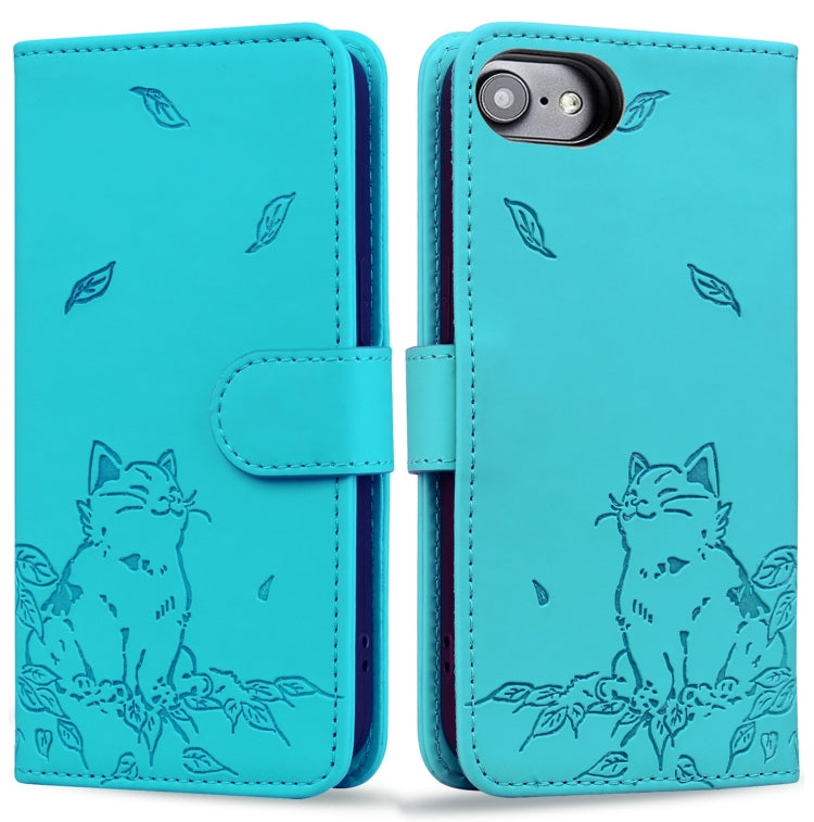 For iPhone 16e Cute Cat Embossed Leather Phone Case(Lake Blue) by bashfashion
