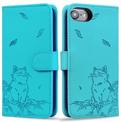 For iPhone 16e Cute Cat Embossed Leather Phone Case(Lake Blue) by bashfashion